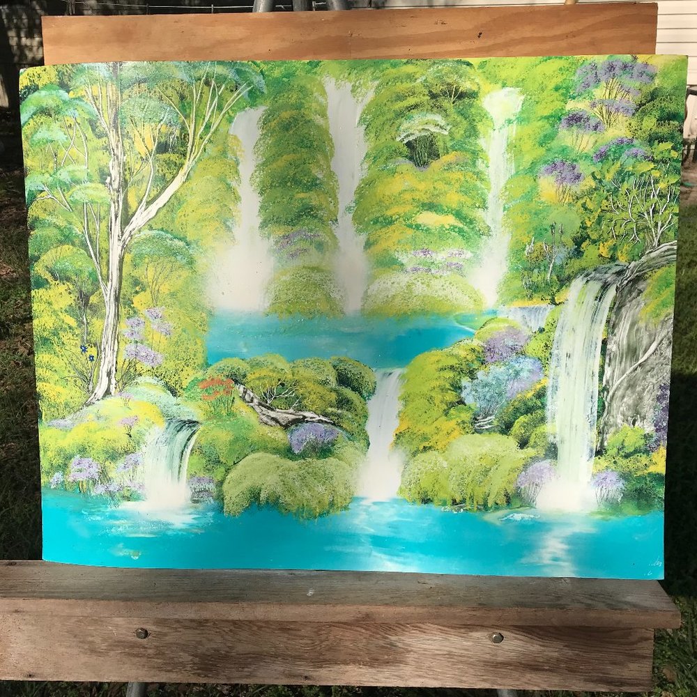 Hand Painted 22" inch by 28" inch painting of Waterfalls and the Bloom of Flora
